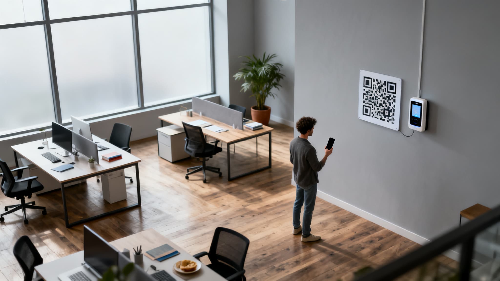 A smartphone scans a QR code for best qr code access in a modern coworking space.